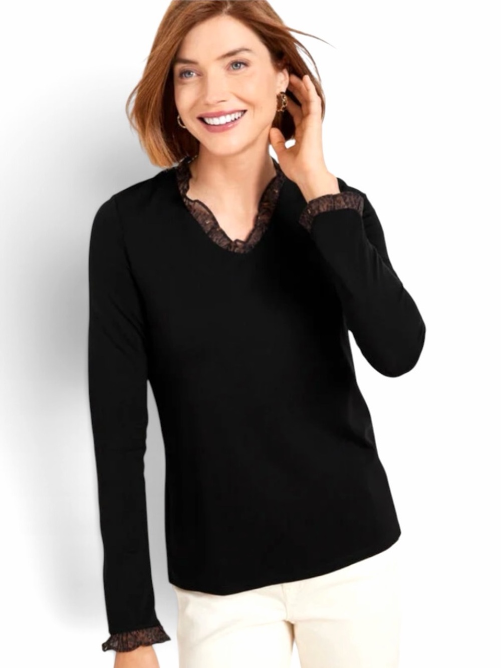 Talbots Ruffle V-Neck Long Sleeve Heavyweight Top Black Cheetah Size MP #2337